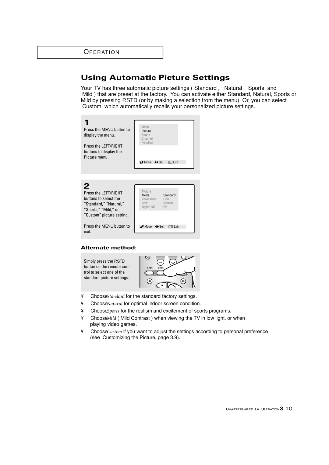 Samsung CSN2077DV manual Using Automatic Picture Settings, Alternate method 