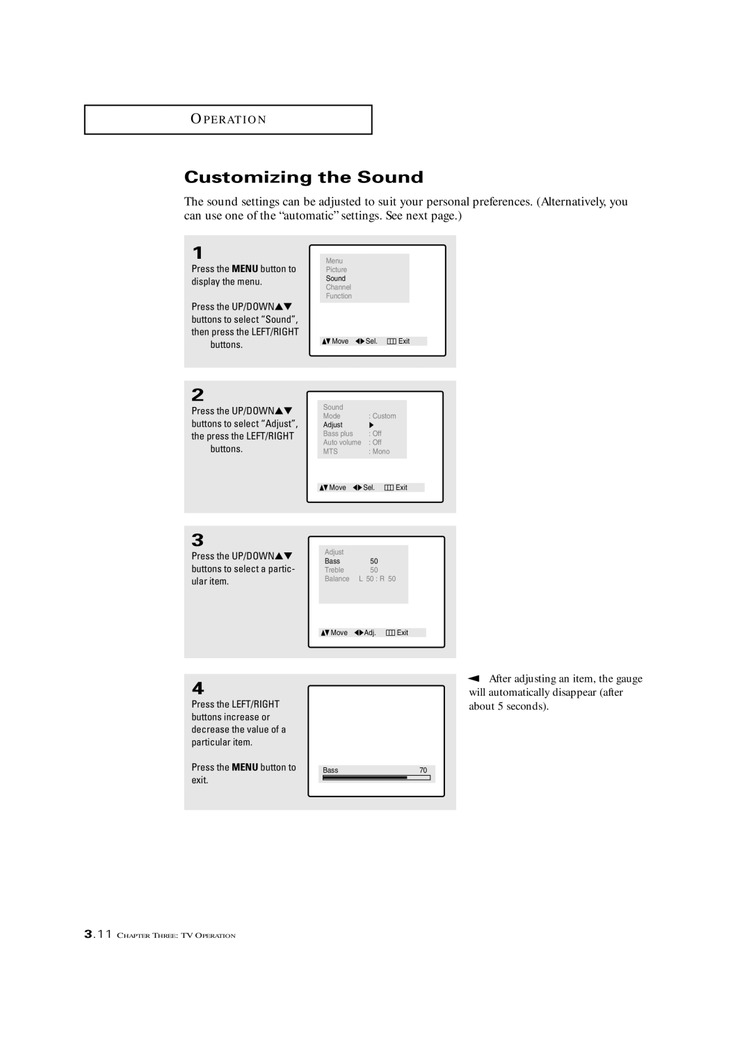 Samsung CSN2077DV manual Customizing the Sound, Press the Menu button to display the menu 