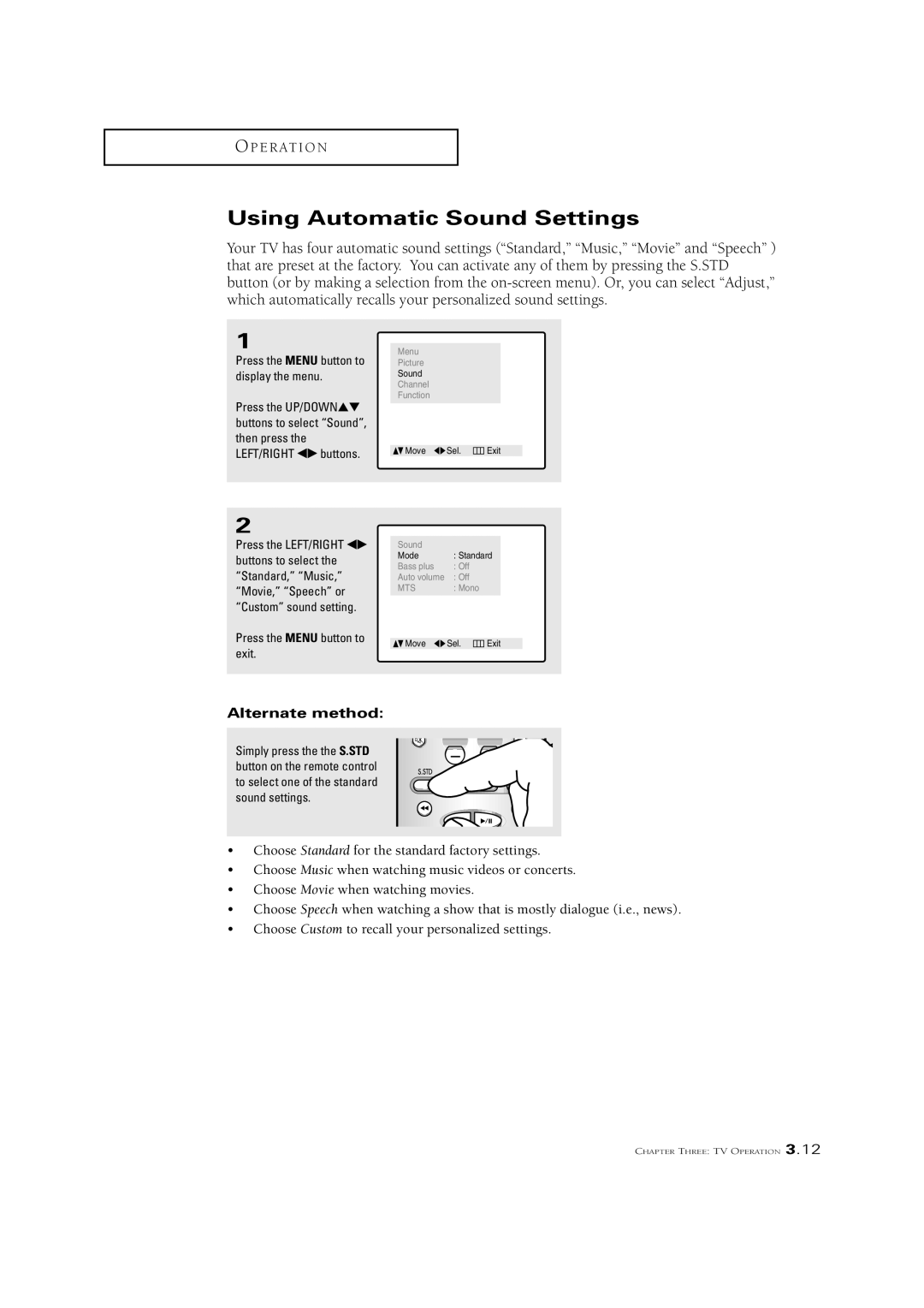 Samsung CSN2077DV manual Using Automatic Sound Settings, Standard, Music, Movie, Speech or 