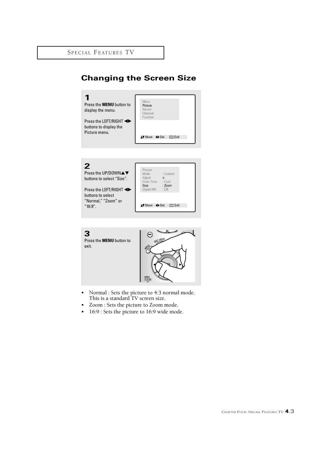 Samsung CSN2077DV manual Changing the Screen Size, Display the menu, Buttons to display Picture menu 