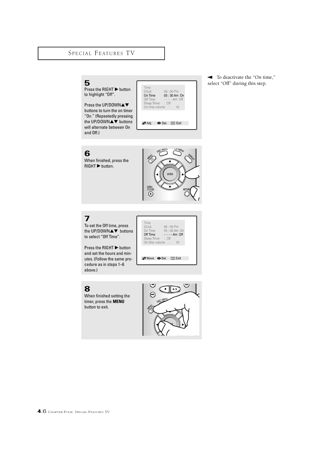 Samsung CSN2077DV Press the Right √ button, To highlight Off, Buttons to turn the on timer, To set the Off time, press 