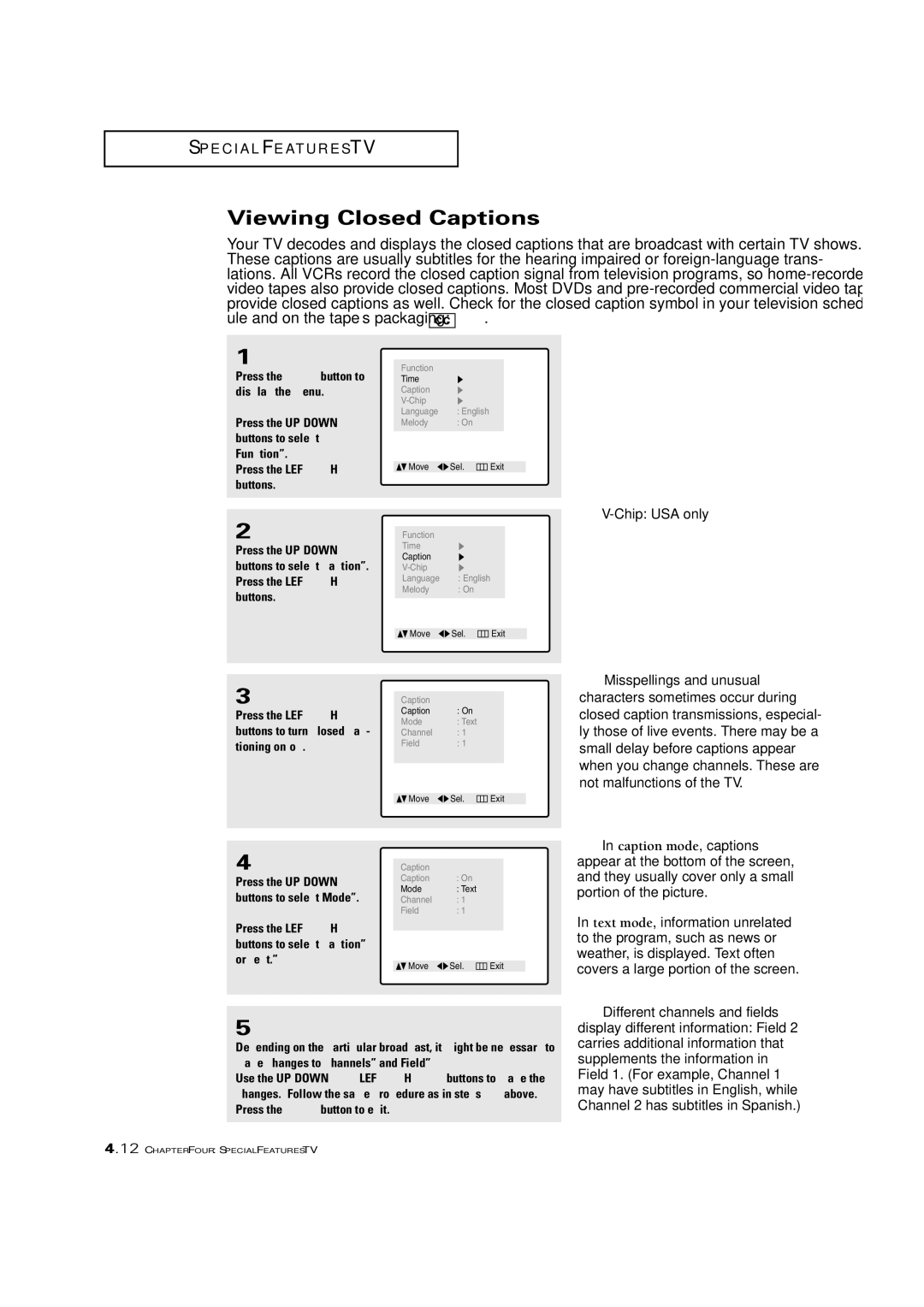 Samsung CSN2077DV manual Viewing Closed Captions, Press the LEFT/RIGHT œ√ buttons to select Caption or Text 