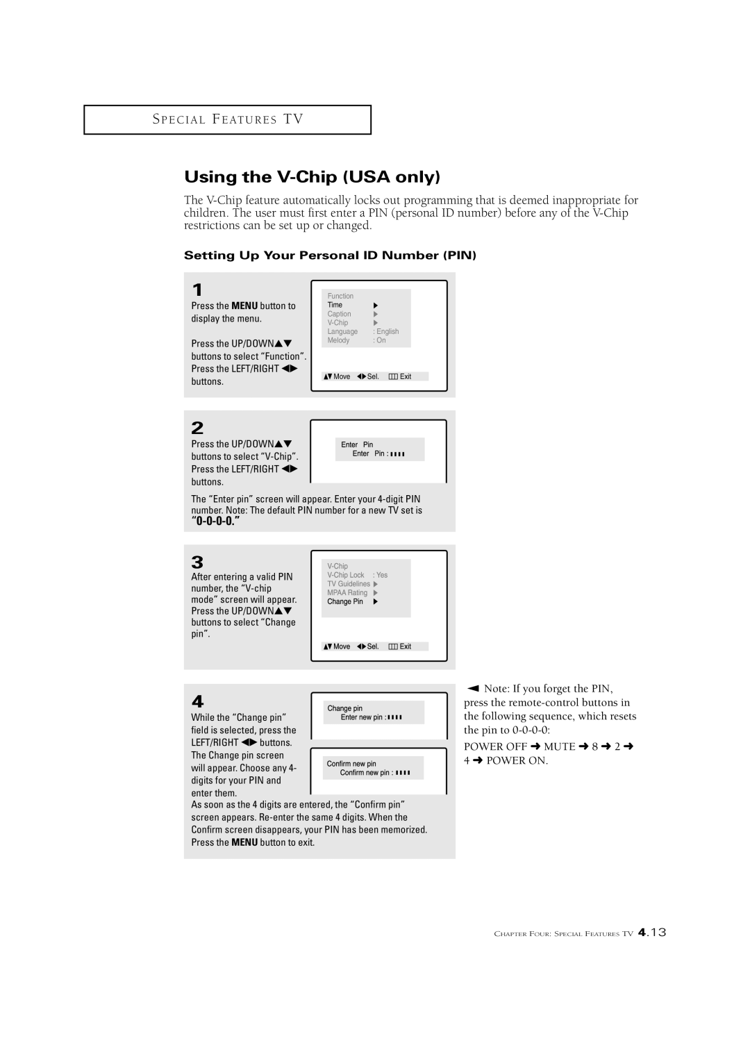 Samsung CSN2077DV manual Using the V-Chip USA only, Setting Up Your Personal ID Number PIN 