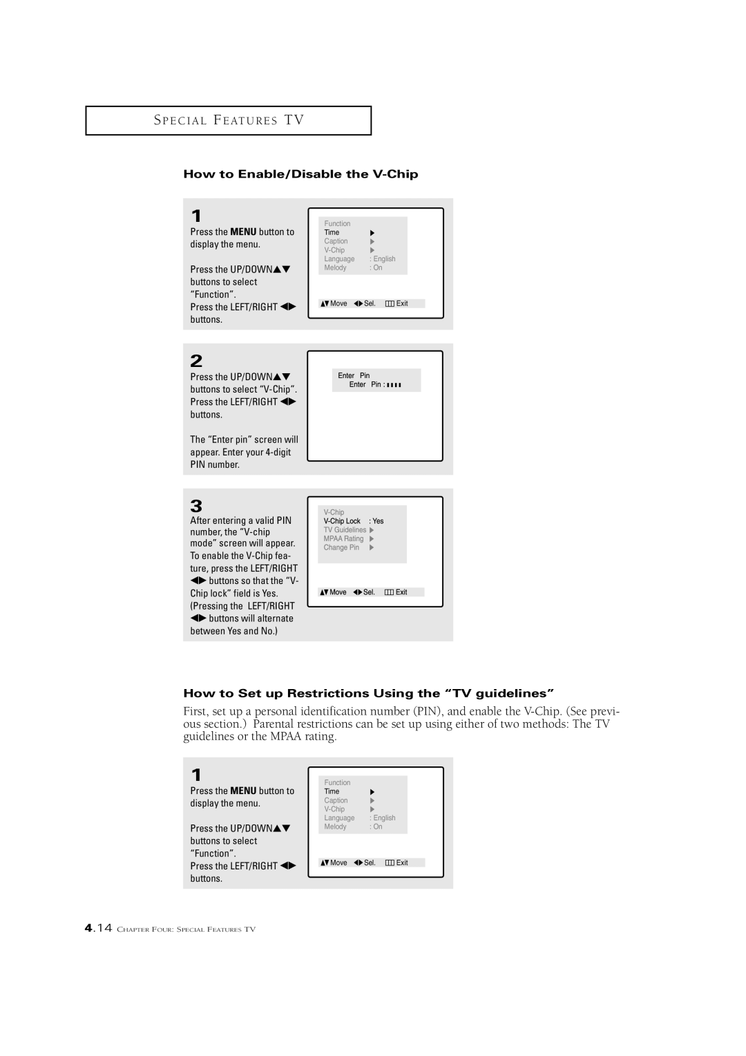 Samsung CSN2077DV manual How to Enable/Disable the V-Chip, How to Set up Restrictions Using the TV guidelines 