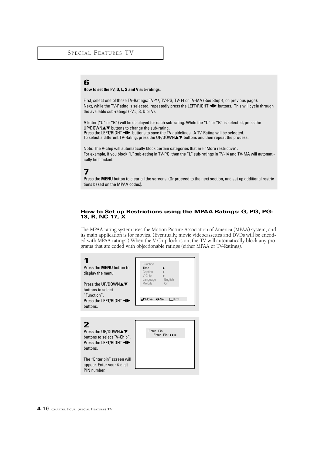 Samsung CSN2077DV manual How to set the FV, D, L, S and V sub-ratings 