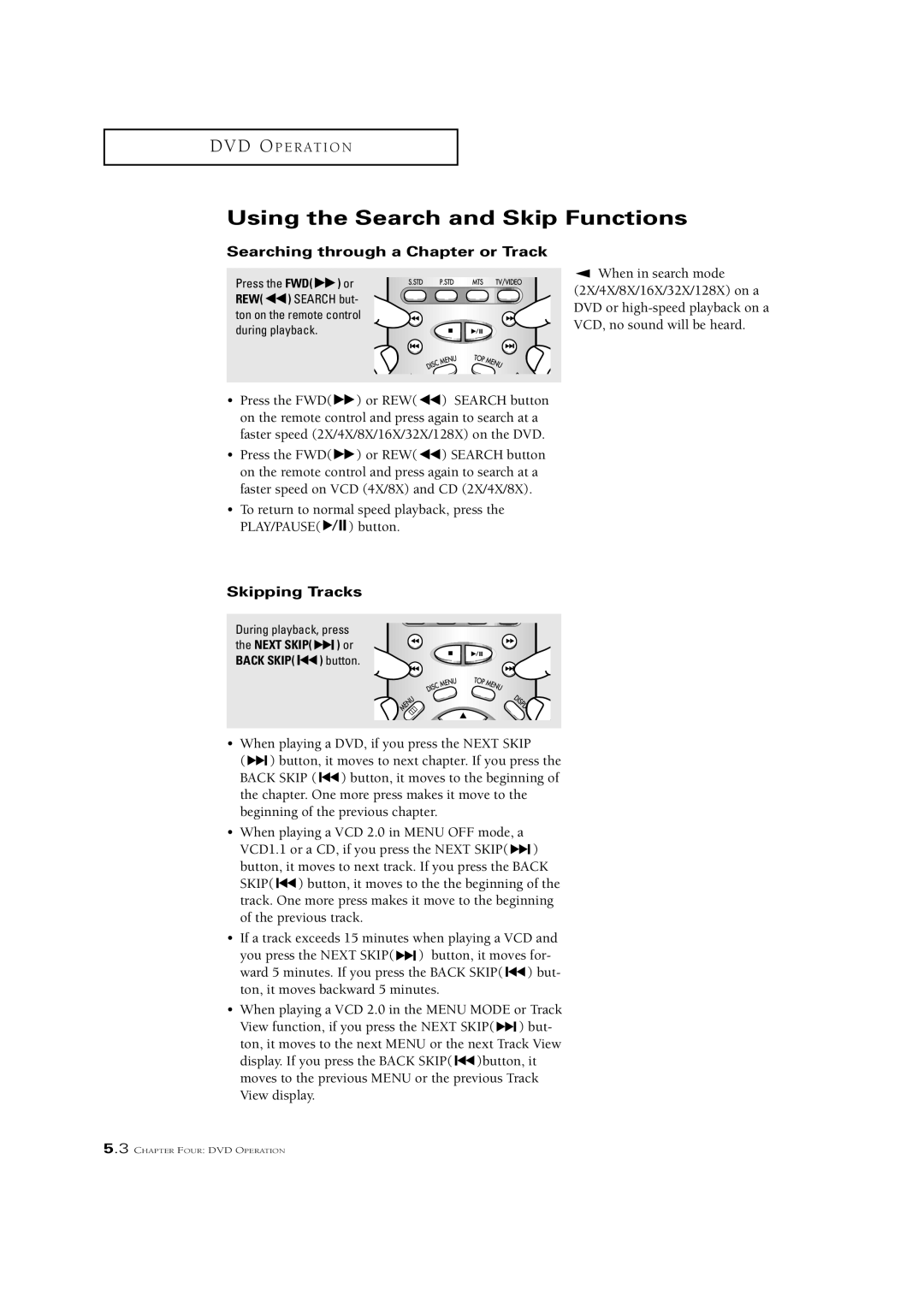 Samsung CSN2077DV manual Using the Search and Skip Functions, Searching through a Chapter or Track, Skipping Tracks 