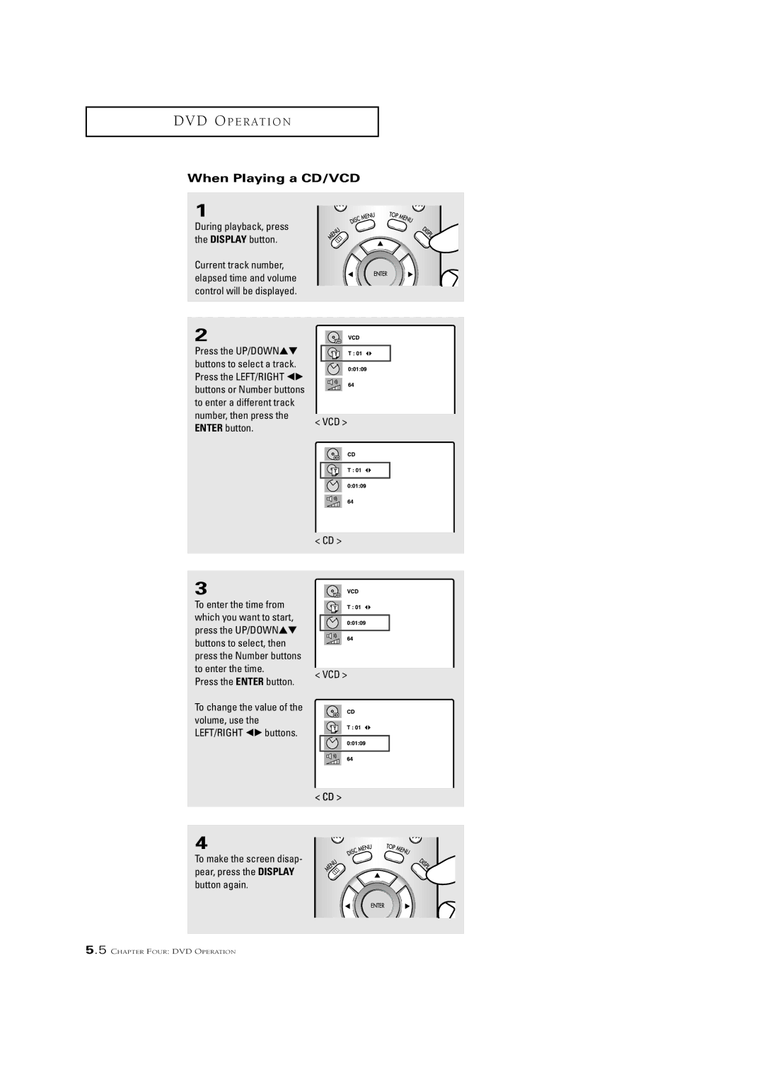 Samsung CSN2077DV manual When Playing a CD/VCD, Enter button VCD, Press the Enter button 