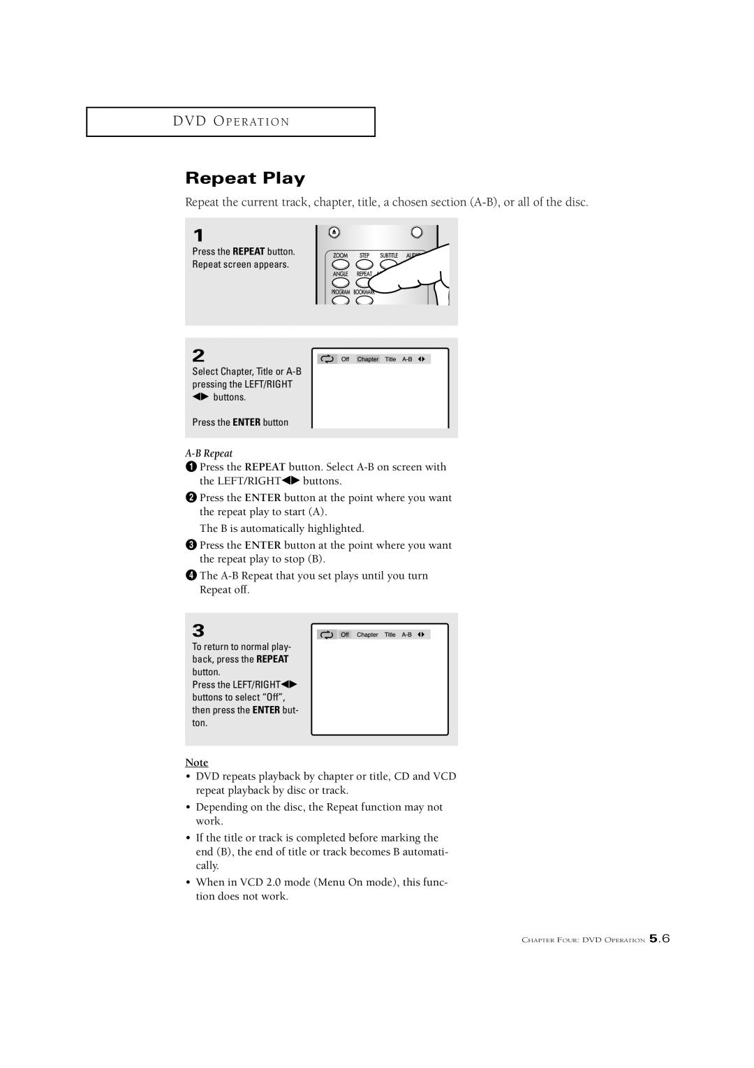 Samsung CSN2077DV manual Repeat Play, To return to normal play- back, press the Repeat button 