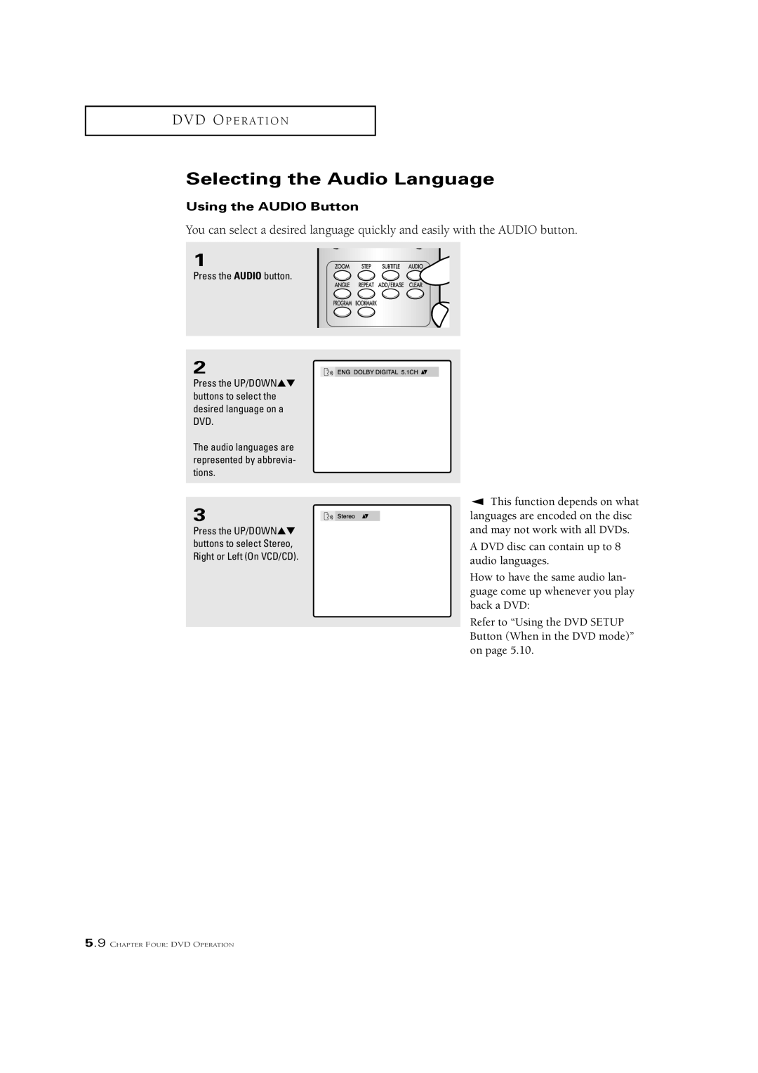 Samsung CSN2077DV manual Selecting the Audio Language, Using the Audio Button 