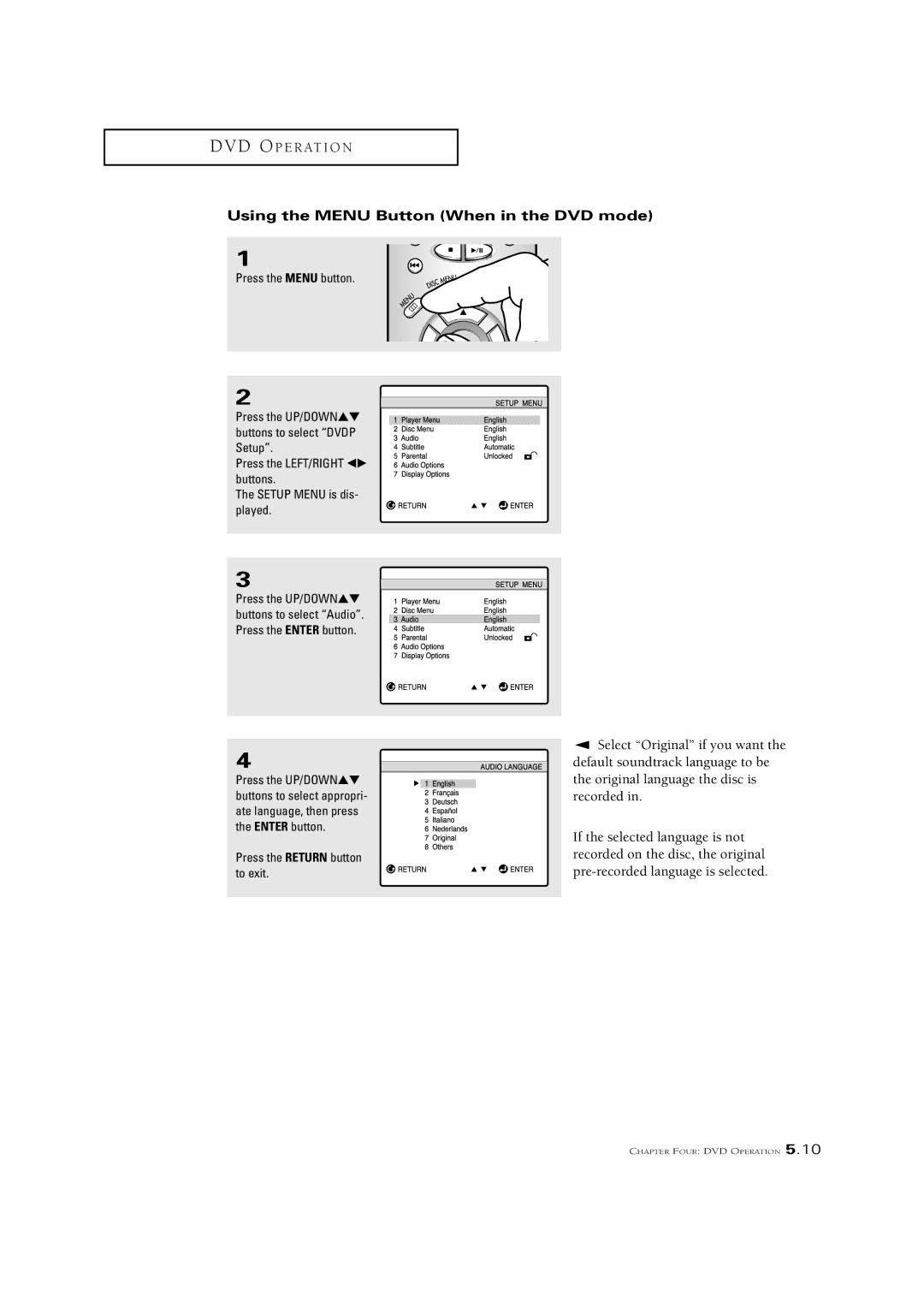 Samsung CSN2077DV Using the Menu Button When in the DVD mode, Press the LEFT/RIGHT œ√ buttons Setup Menu is dis- played 