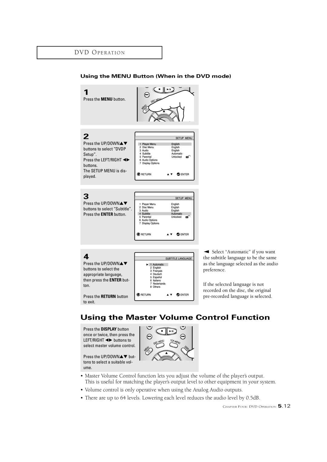 Samsung CSN2077DV manual Using the Master Volume Control Function 