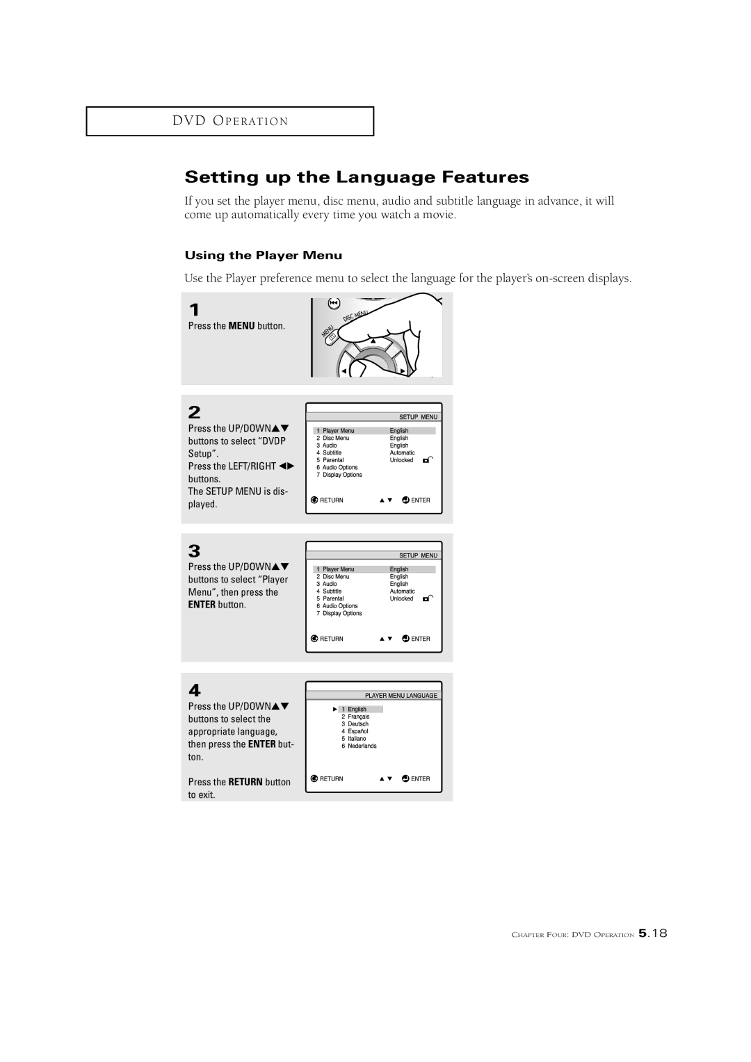 Samsung CSN2077DV manual Setting up the Language Features, Using the Player Menu 