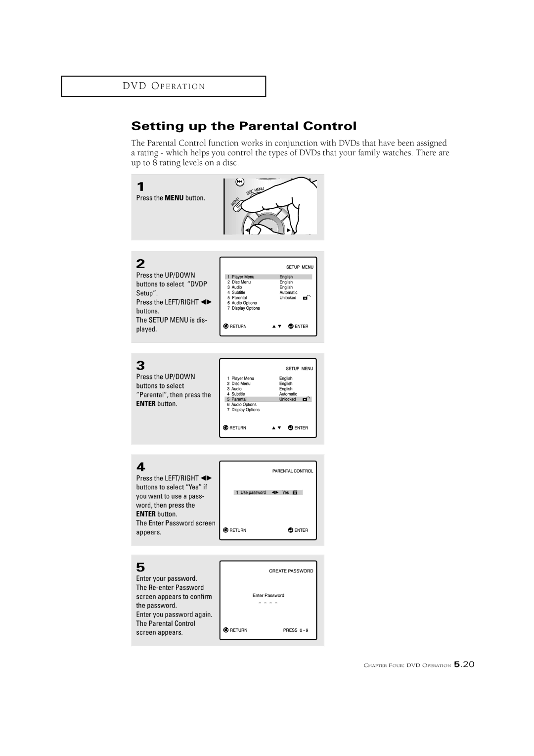 Samsung CSN2077DV manual Setting up the Parental Control 