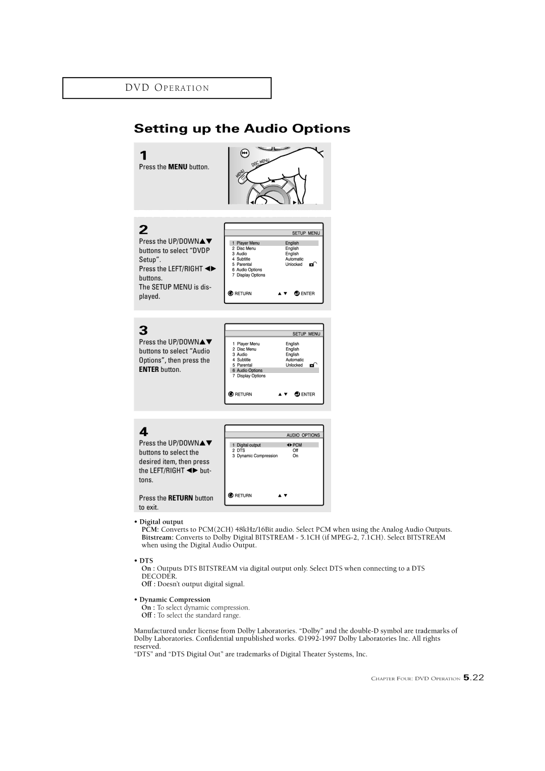 Samsung CSN2077DV manual Setting up the Audio Options, Digital output 