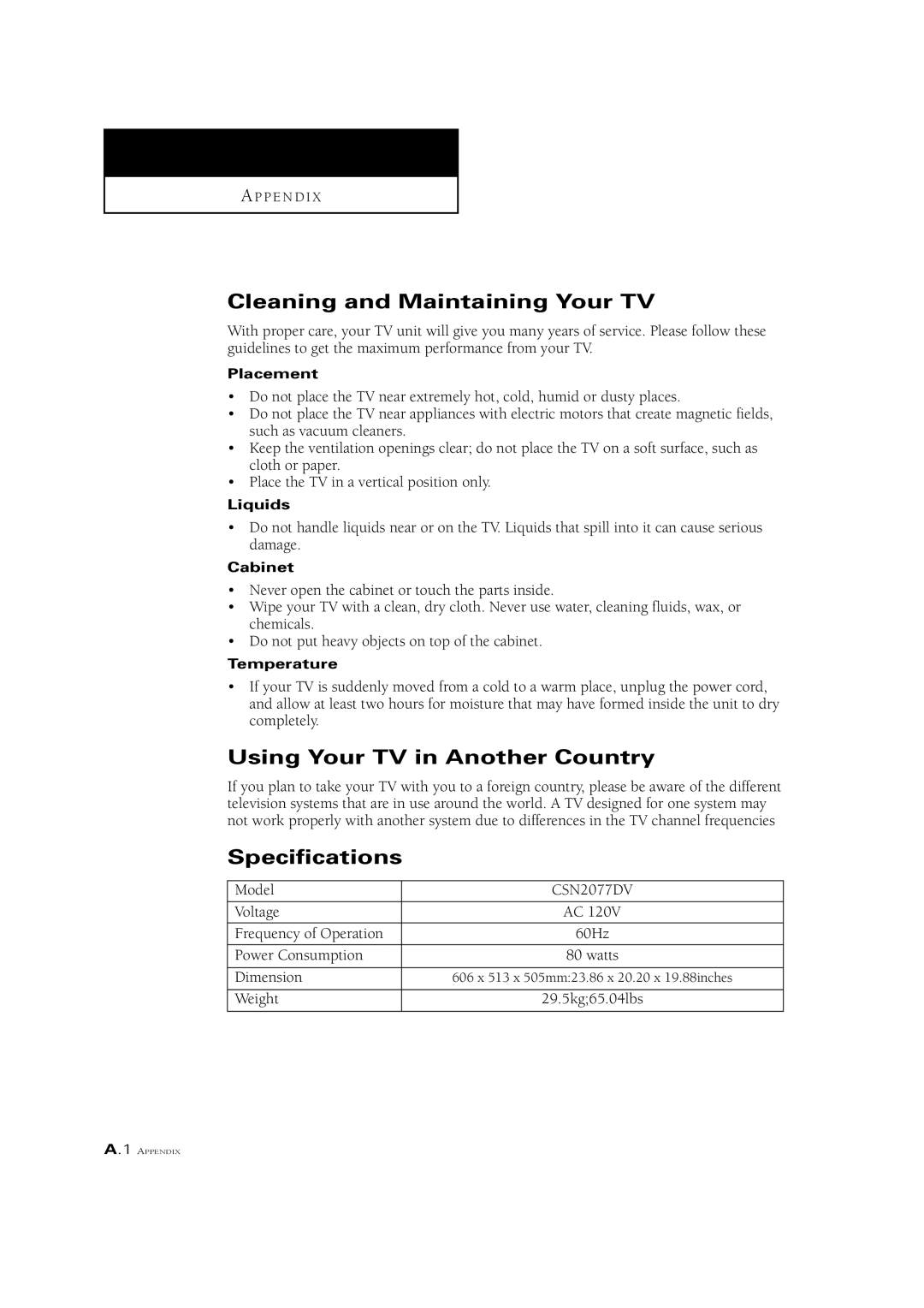 Samsung CSN2077DV manual Cleaning and Maintaining Your TV, Using Your TV in Another Country, Specifications 