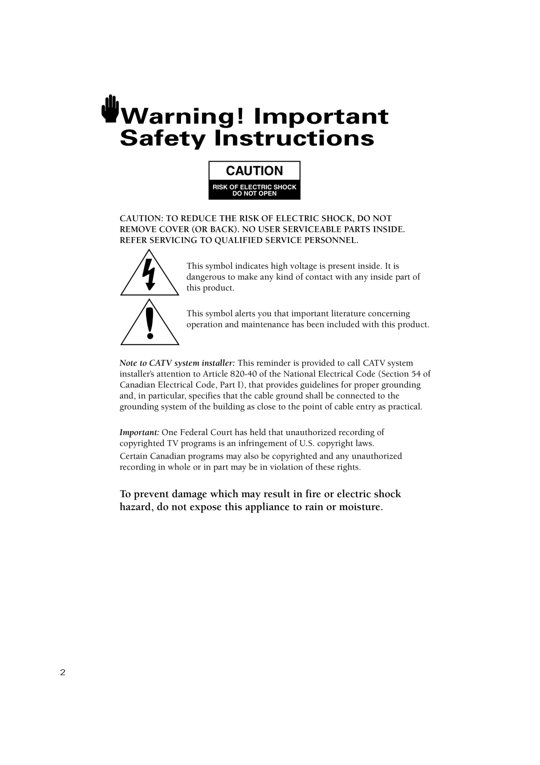 Samsung CT-17N11MJ, CT-15K10MJ, CT-20H4, CT-20V10MJ, CT-15K9MJ manual Risk of Electric Shock Do not Open 