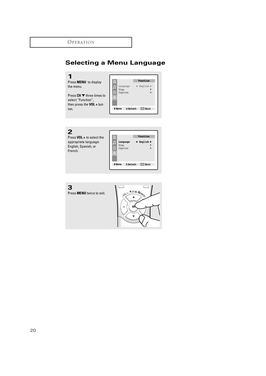 Samsung CT-15K10MJ, CT-20H4, CT-17N11MJ, CT-20V10MJ, CT-15K9MJ manual Selecting a Menu Language 