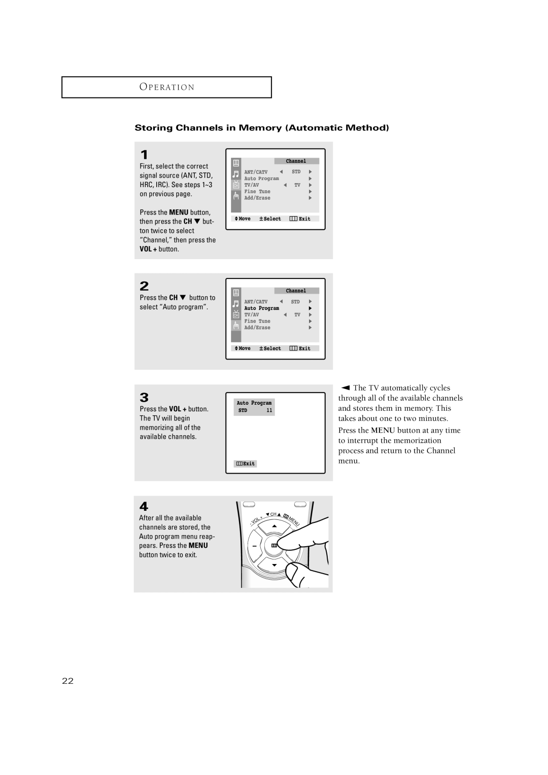 Samsung CT-17N11MJ, CT-15K10MJ, CT-20H4, CT-20V10MJ, CT-15K9MJ manual Storing Channels in Memory Automatic Method 