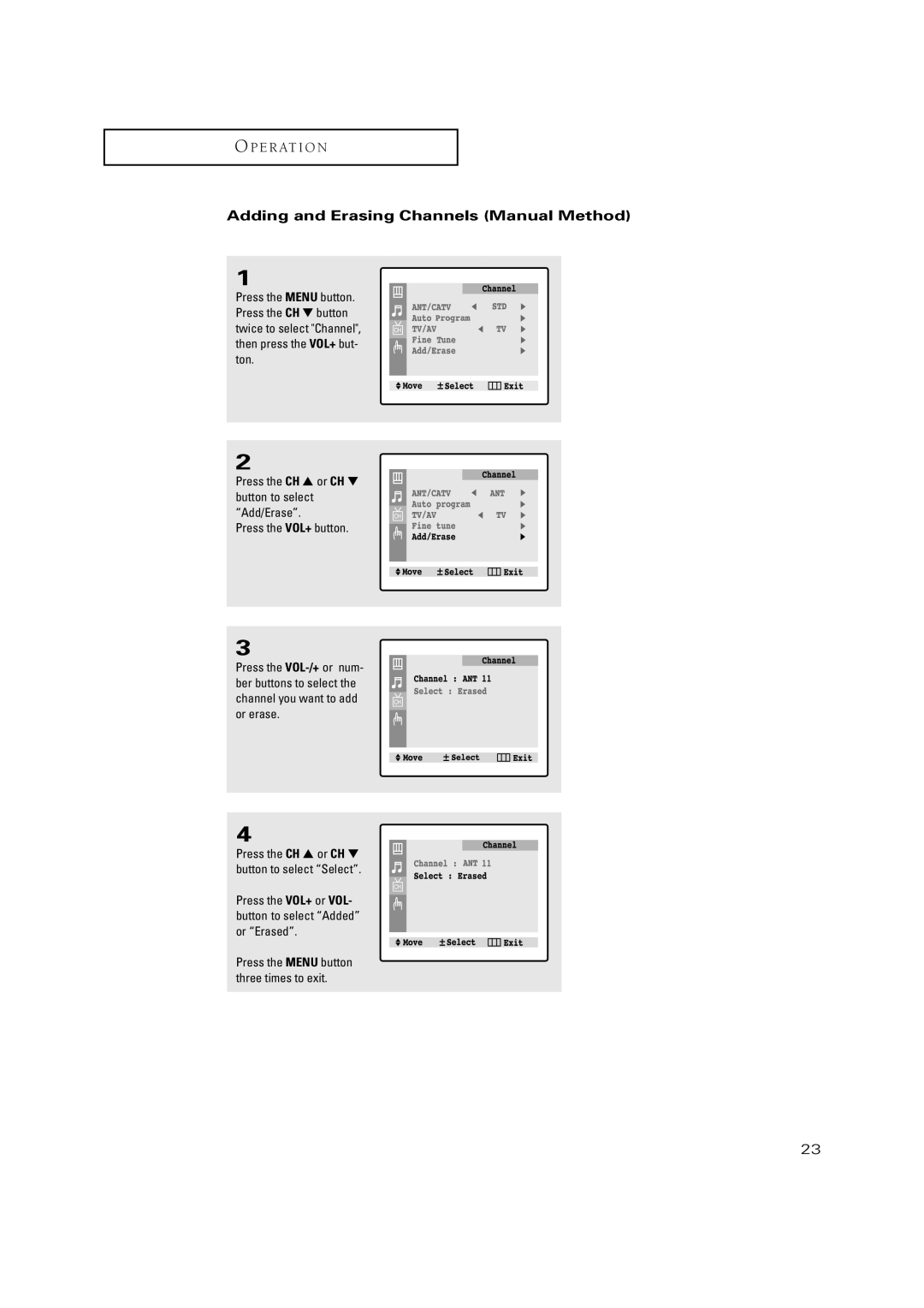 Samsung CT-20V10MJ, CT-15K10MJ, CT-20H4, CT-17N11MJ, CT-15K9MJ manual Adding and Erasing Channels Manual Method 