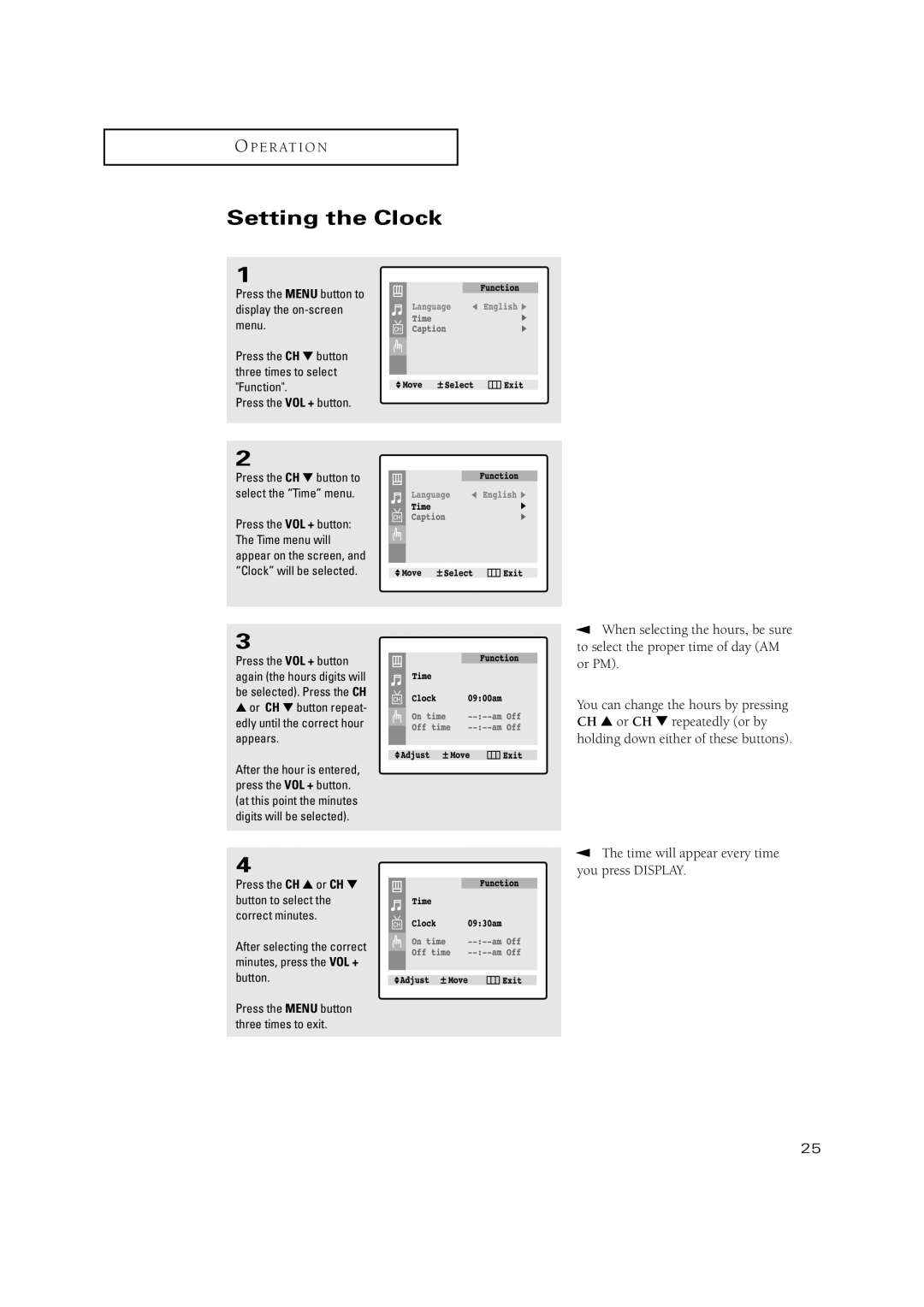 Samsung CT-15K10MJ, CT-20H4, CT-17N11MJ manual Setting the Clock, Or CH button repeat Edly until the correct hour appears 