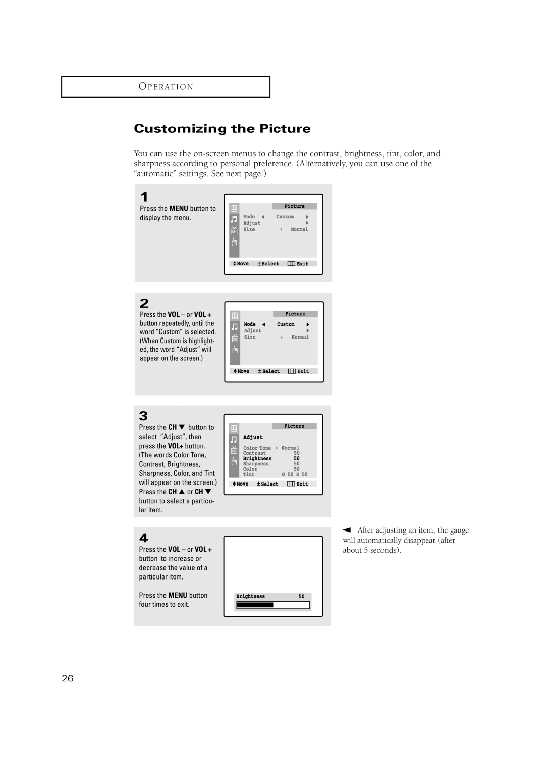 Samsung CT-20H4, CT-15K10MJ, CT-17N11MJ, CT-20V10MJ manual Customizing the Picture, Press the Menu button to display the menu 