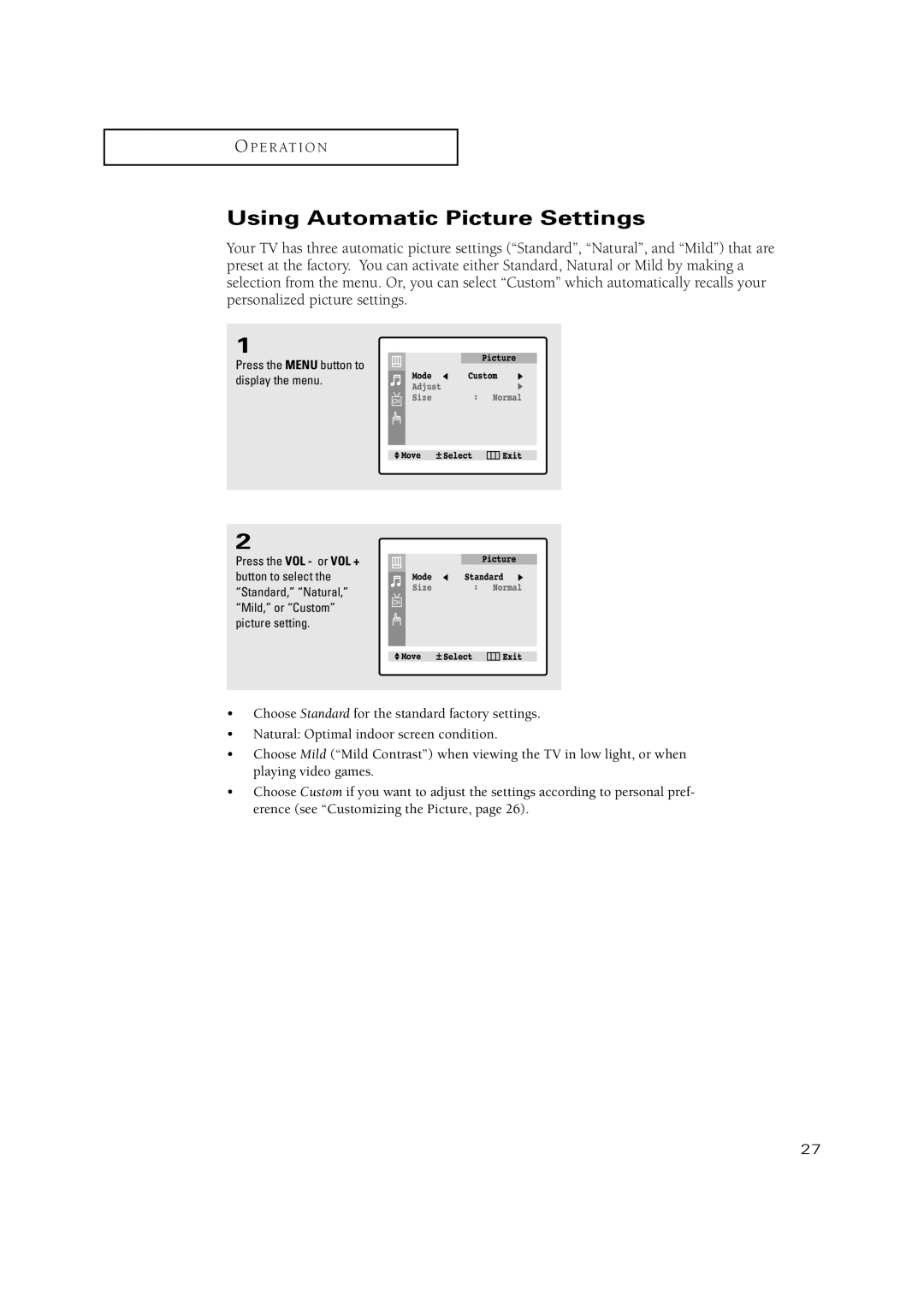 Samsung CT-17N11MJ, CT-15K10MJ, CT-20H4, CT-20V10MJ, CT-15K9MJ manual Using Automatic Picture Settings 