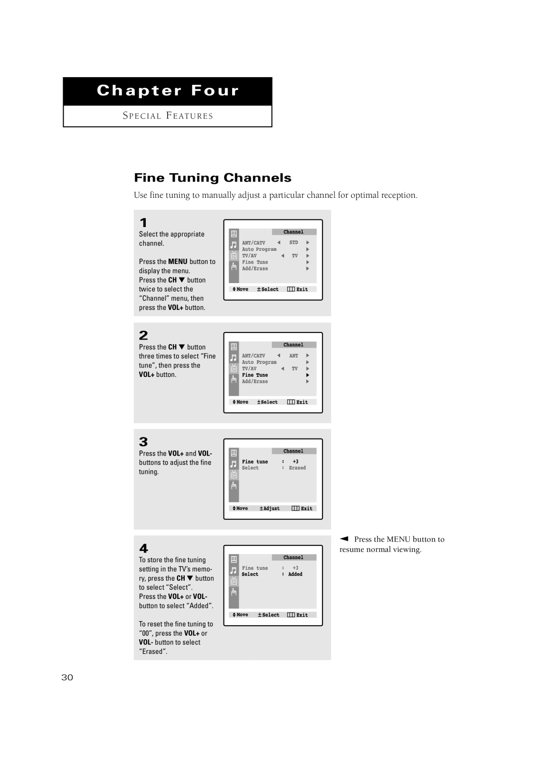 Samsung CT-15K10MJ, CT-20H4, CT-17N11MJ, CT-20V10MJ, CT-15K9MJ manual Chapter Four, Fine Tuning Channels 