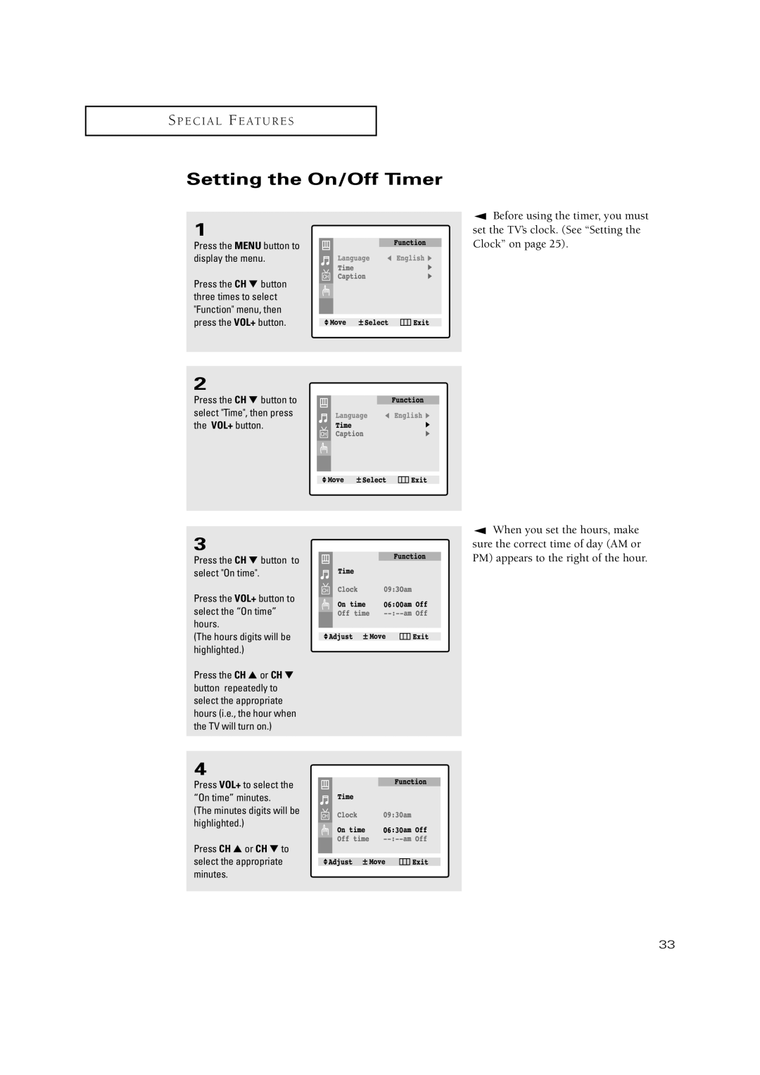 Samsung CT-20V10MJ, CT-15K10MJ, CT-20H4, CT-17N11MJ, CT-15K9MJ manual Setting the On/Off Timer 