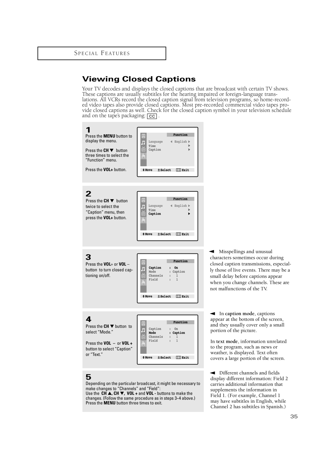 Samsung CT-15K10MJ, CT-20H4, CT-17N11MJ, CT-20V10MJ, CT-15K9MJ manual Viewing Closed Captions 