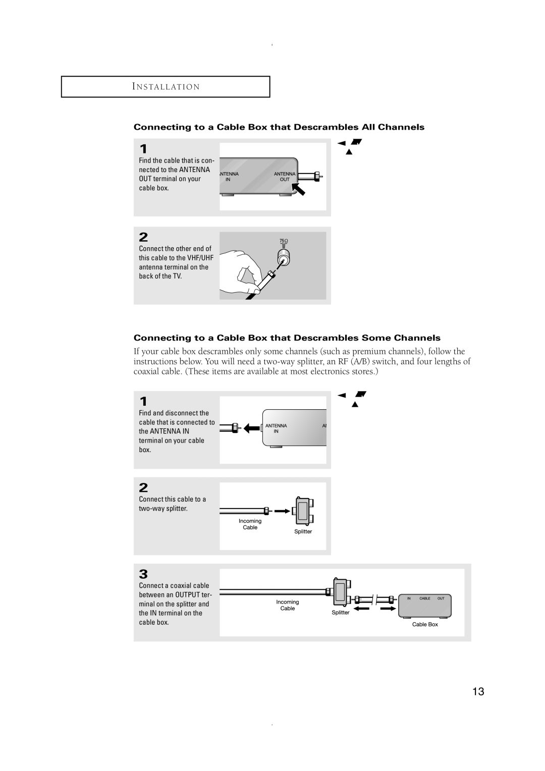 Samsung CT-21K5W manual Connecting to a Cable Box that Descrambles All Channels, Connect this cable to a two-way splitter 