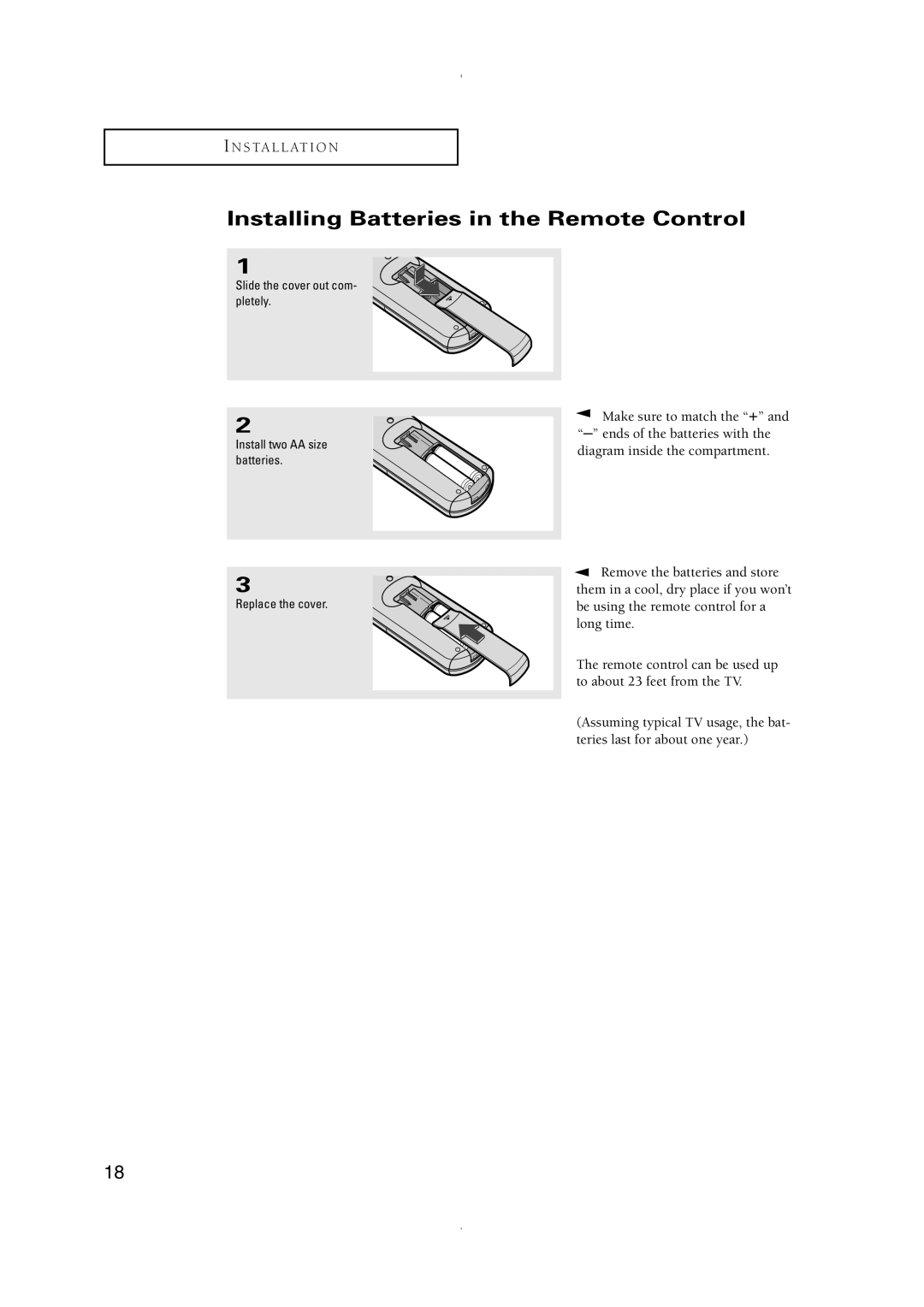 Samsung CT-21K3W, CT-21K5W manual Installing Batteries in the Remote Control 