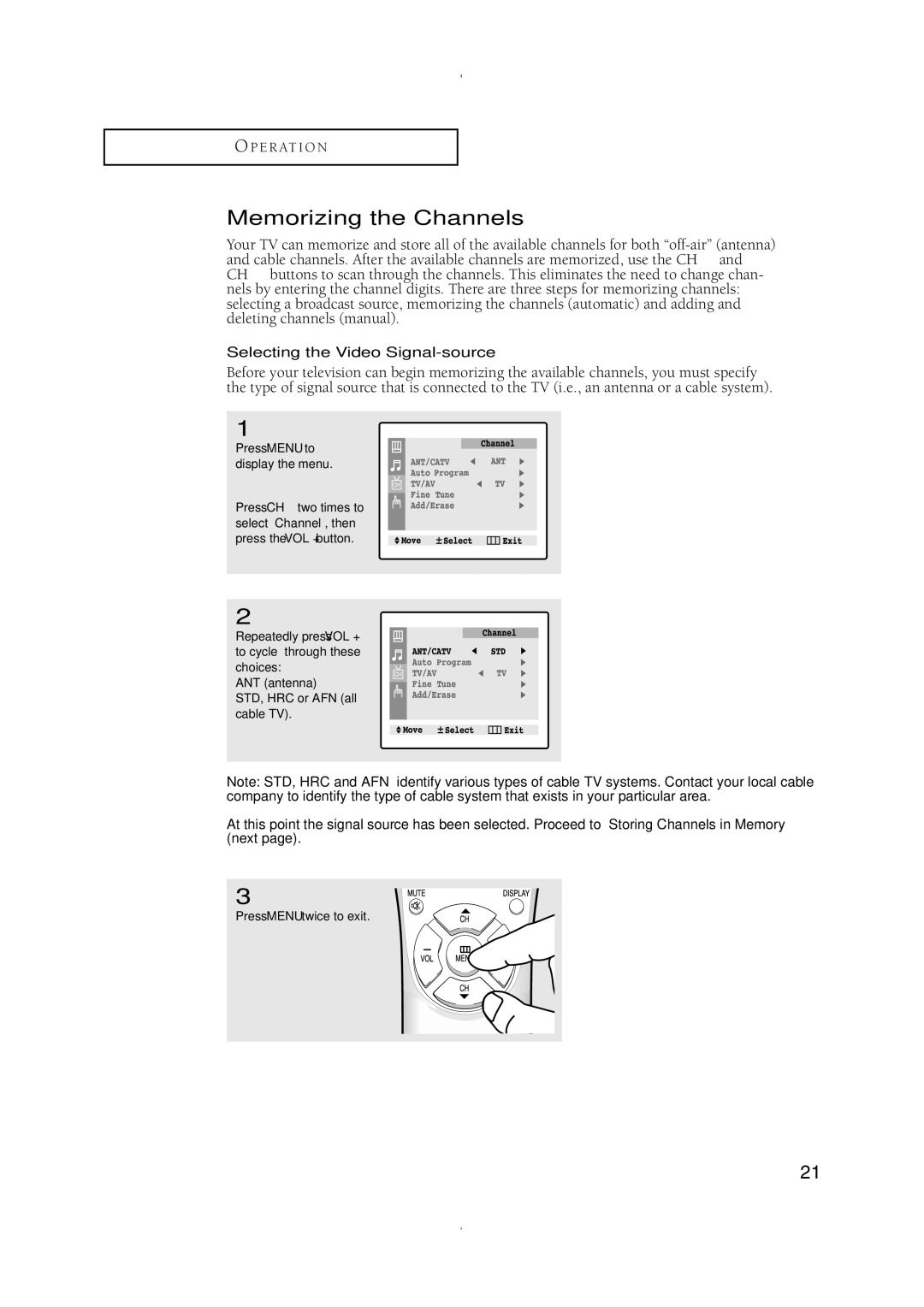 Samsung CT-21K5W Memorizing the Channels, Selecting the Video Signal-source, ANT antenna STD, HRC or AFN all cable TV 