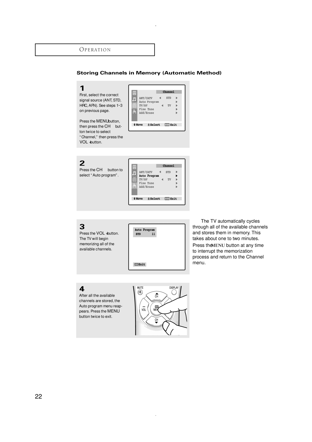 Samsung CT-21K3W, CT-21K5W manual Storing Channels in Memory Automatic Method 