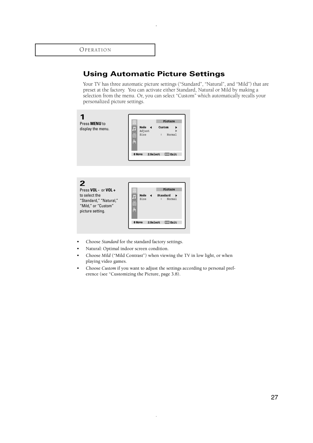 Samsung CT-21K5W, CT-21K3W manual Using Automatic Picture Settings 