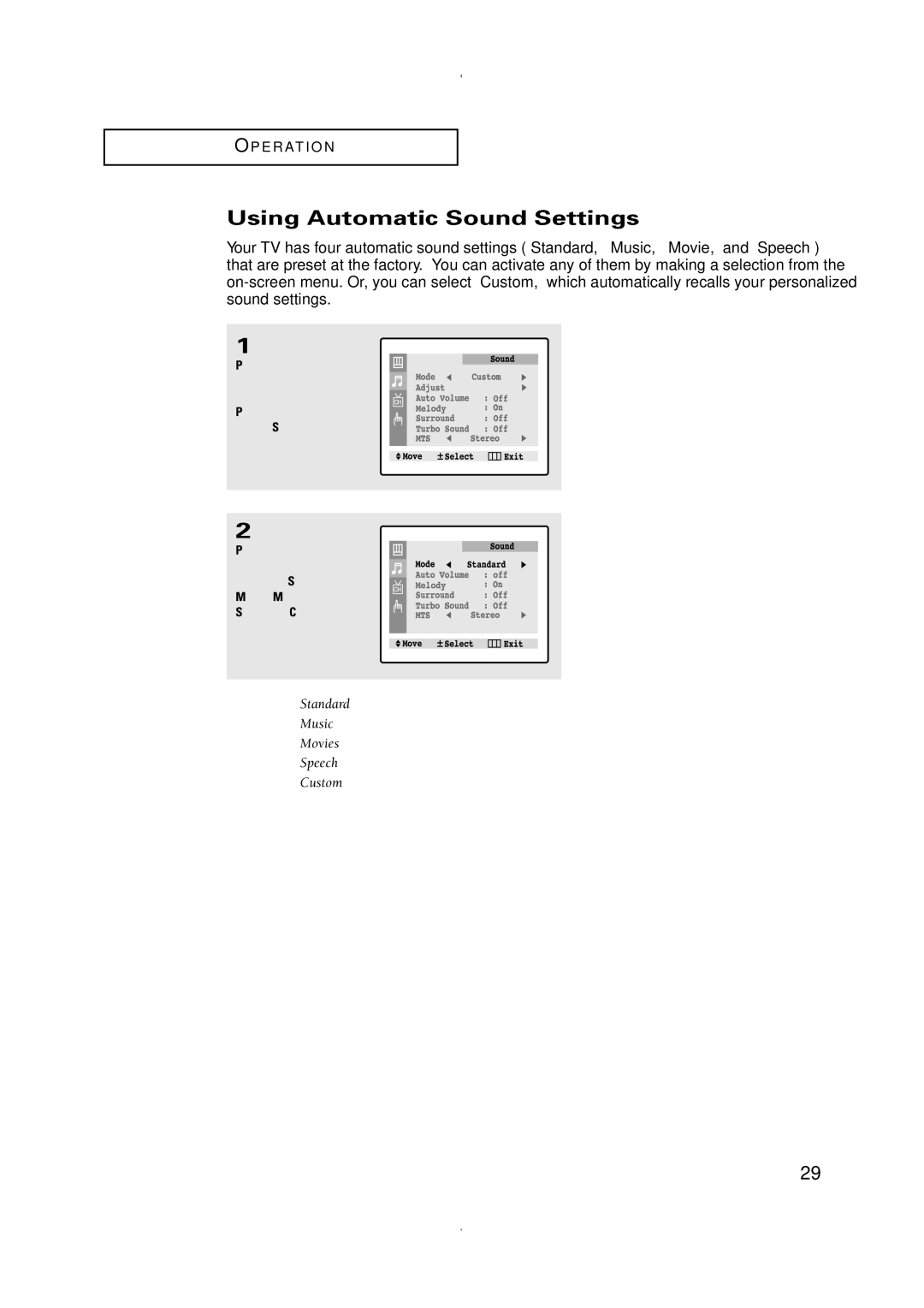 Samsung CT-21K5W, CT-21K3W manual Using Automatic Sound Settings, Press the Menu button to display the menu 