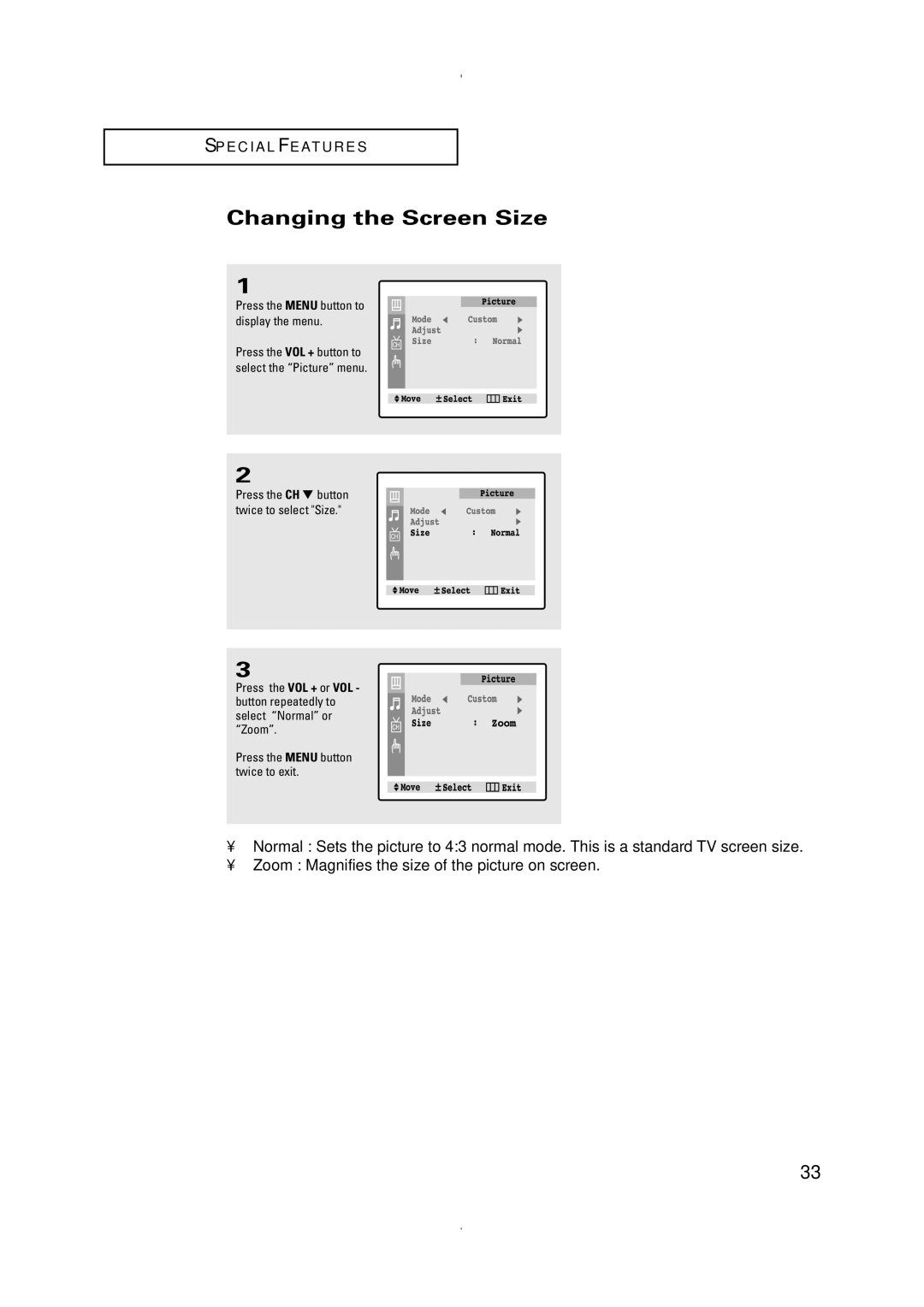 Samsung CT-21K5W, CT-21K3W manual Changing the Screen Size 