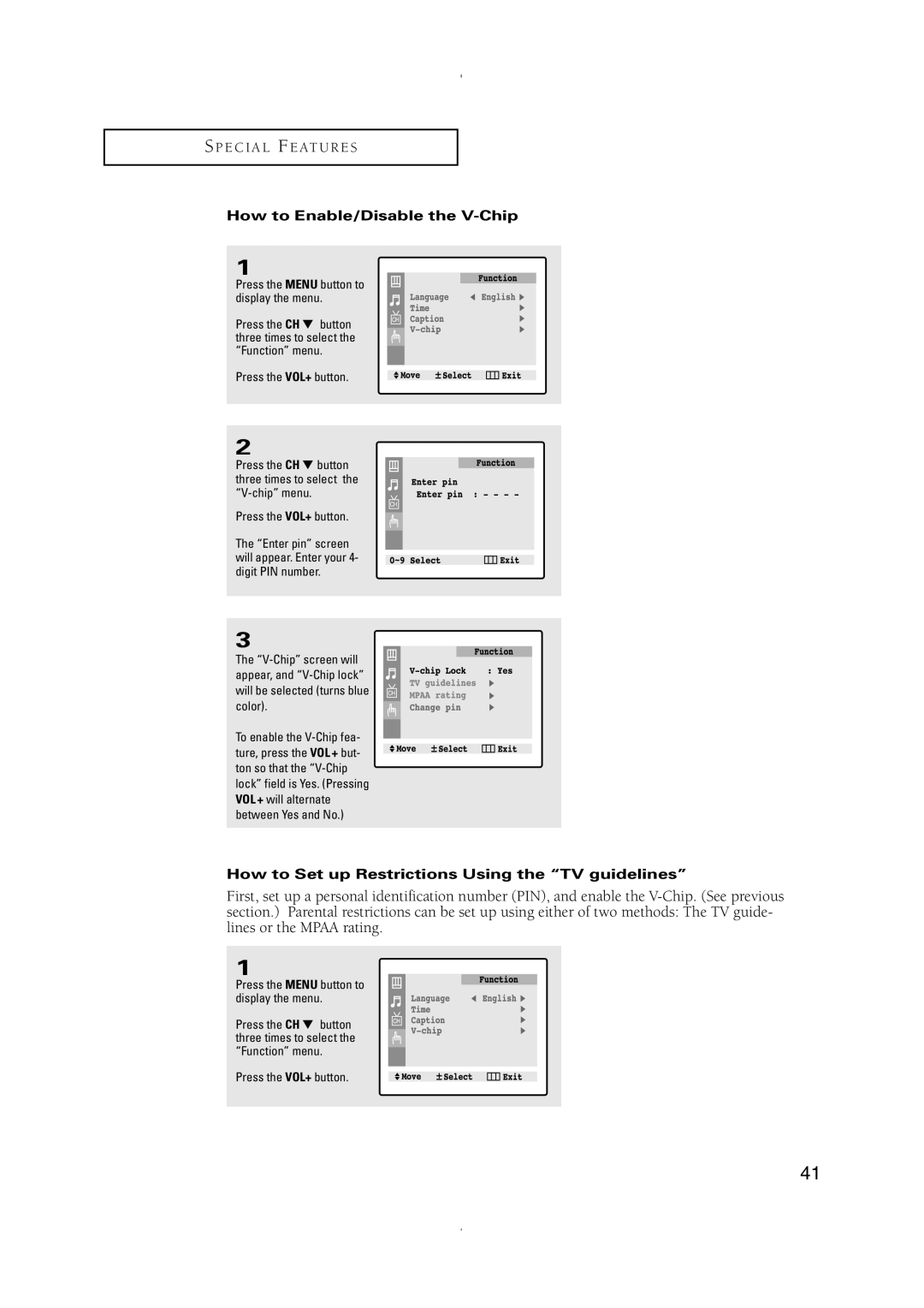 Samsung CT-21K5W, CT-21K3W manual How to Enable/Disable the V-Chip, How to Set up Restrictions Using the TV guidelines 