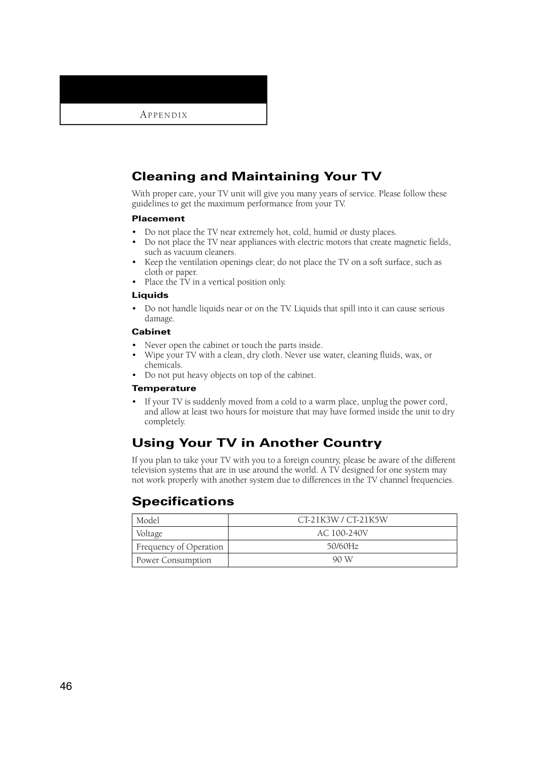 Samsung CT-21K3W, CT-21K5W manual Cleaning and Maintaining Your TV, Using Your TV in Another Country, Specifications 