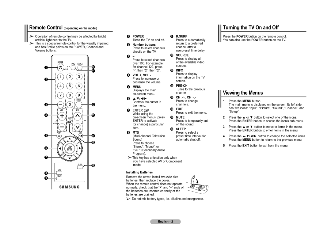 Samsung CT-21Z45ML, CT-21K40ML, CT-21M40ML, CT-21Z40ML manual Turning the TV On and Off, Viewing the Menus 