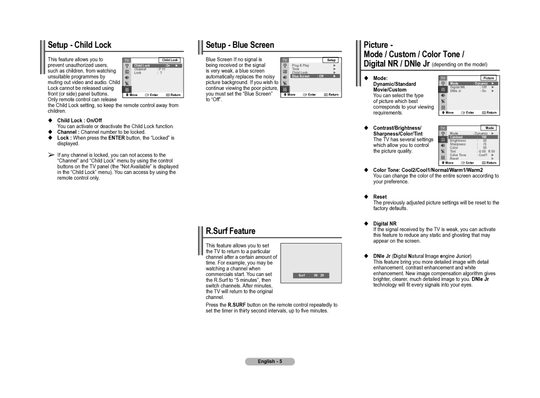 Samsung CT-21M40ML, CT-21K40ML manual Setup Child Lock, Setup Blue Screen, Picture Mode / Custom / Color Tone, Surf Feature 