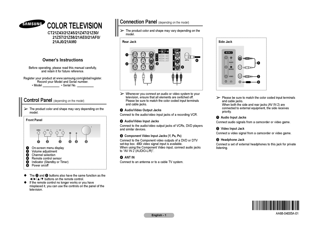 Samsung 2AF0, CT2Z43, 2Z47, 2Z45, 2Z57, 2AJ0, 2AE0, 2Z50, 2AM0, 2Z58 manual Ant 