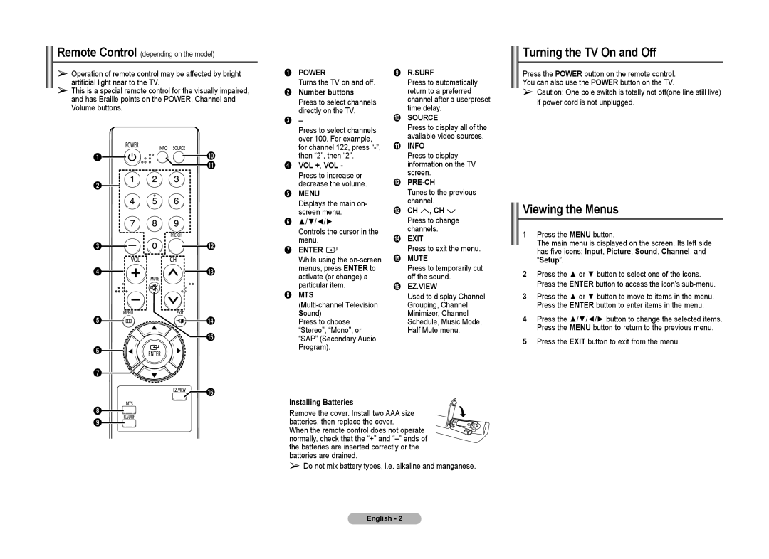 Samsung 2Z47, CT2Z43, 2AF0, 2Z45, 2Z57, 2AJ0, 2AE0, 2Z50, 2AM0, 2Z58 manual Turning the TV On and Off, Viewing the Menus 