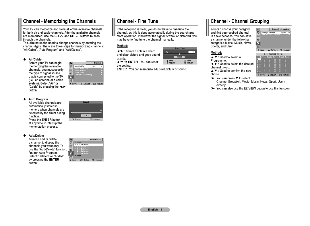 Samsung 2Z57, CT2Z43, 2AF0, 2Z47, 2Z45, 2AJ0, 2AE0 Channel Memorizing the Channels, Channel Fine Tune, Channel Channel Grouping 