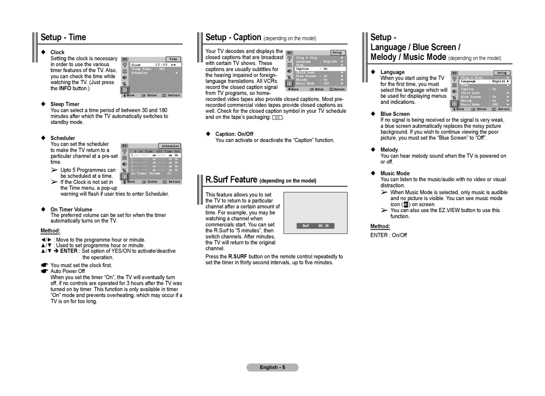 Samsung 2AJ0, CT2Z43, 2AF0, 2Z47, 2Z45, 2Z57, 2AE0, 2Z50, 2AM0, 2Z58 manual Setup Time, Language / Blue Screen 