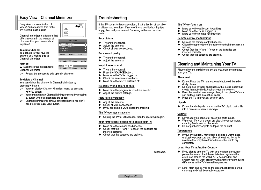 Samsung 2Z50, CT2Z43, 2AF0, 2Z47, 2Z45, 2Z57 Easy View Channel Minimizer Troubleshooting, Cleaning and Maintaining Your TV 