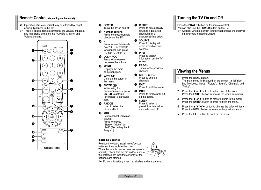 Samsung CT2Z55, CT2Z47, CT2Z58, CT2Z45, CT2Z57, CT2Z50 manual Turning the TV On and Off, Viewing the Menus 