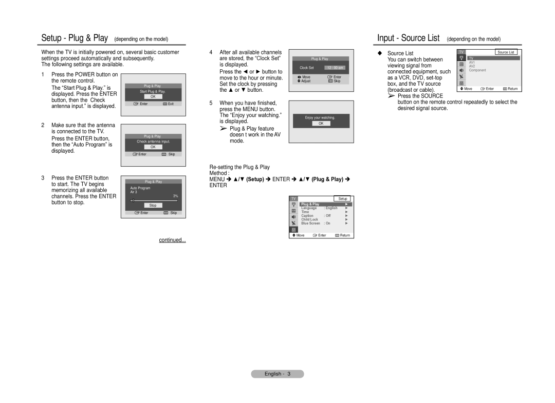 Samsung CT2Z45 Input Source List depending on the model,  Source List, You can switch between Viewing signal from, Enter 