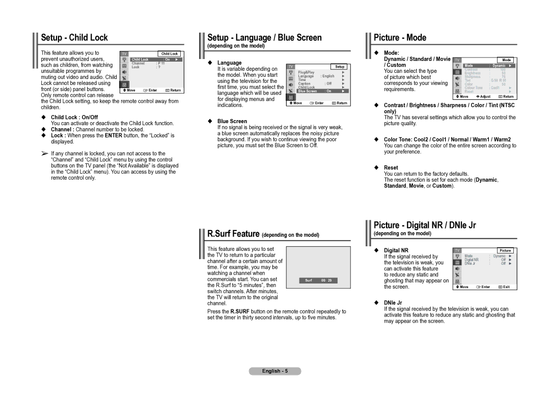 Samsung CT2Z50, CT2Z47, CT2Z58 Setup Child Lock Setup Language / Blue Screen, Picture Mode, Picture Digital NR / DNIe Jr 