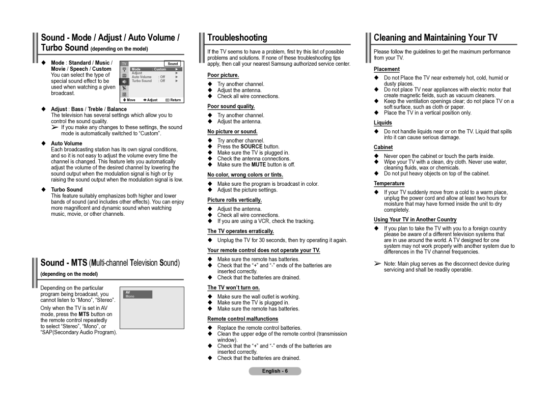 Samsung CT2Z47, CT2Z58, CT2Z55, CT2Z45 Sound Mode / Adjust / Auto Volume, Troubleshooting, Cleaning and Maintaining Your TV 