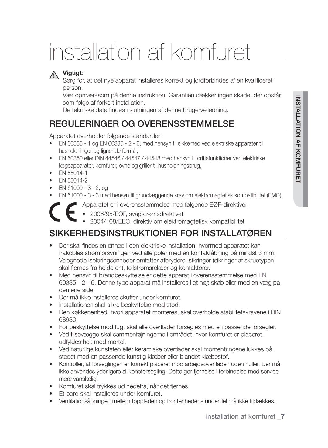 Samsung CTI613EHST/XEE manual Installation af komfuret, Reguleringer og overensstemmelse, Vigtigt 